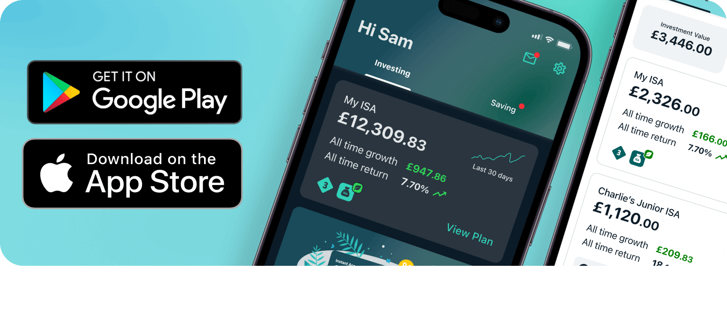 A QR code that links to the Wealthify app on your device's app store, where possible. The image also includes graphic representations of the app. Information provided does not show actual performance and is not intended to show potential future investment growth.