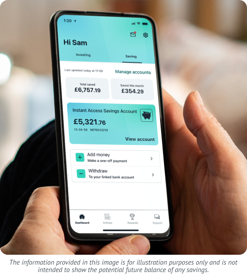 Wealthify savings accounts on the dashboard. Information provided in the image is for illustration purposes only and is not intended to show the potential future balance of any savings.