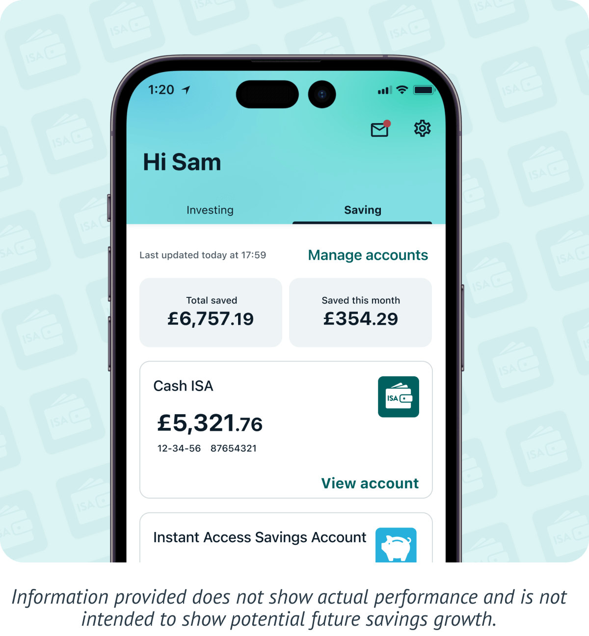 An example Wealthify Cash ISA account in our app. Please note information provided does not show actual performance and is not intended to show potential future investment growth.
