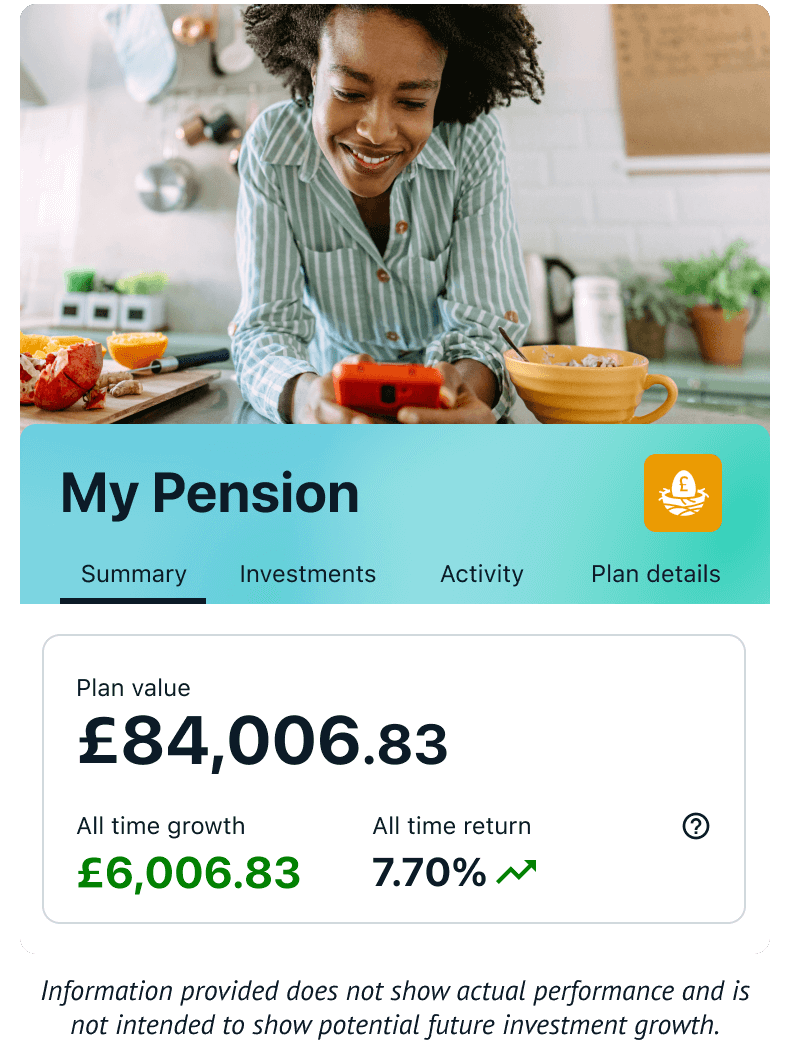 A snapshot example of Wealthify's pension account. It's important to note that information provided does not show actual performance and is not intended to show potential future investment growth.