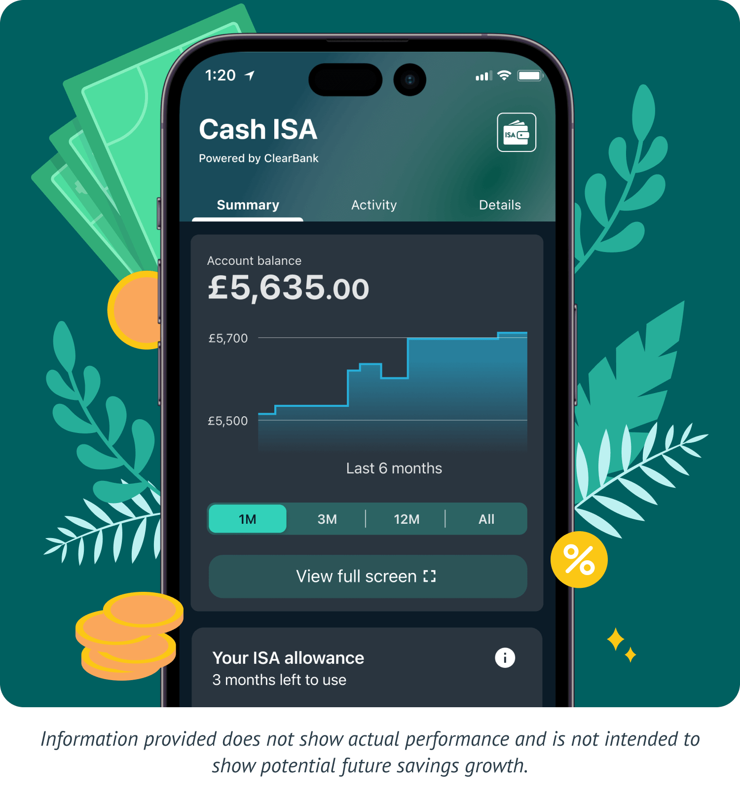 An example Wealthify Cash ISA account. Please note information provided does not show actual performance and is not intended to show potential future investment growth.