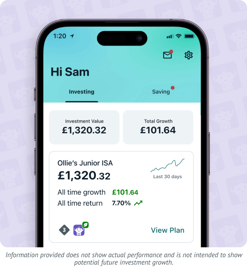 A mobile phone screen showing an example Wealthify Junior ISA account with an overlay message saying 'Transfer in from a CTF or another Junior ISA provider'