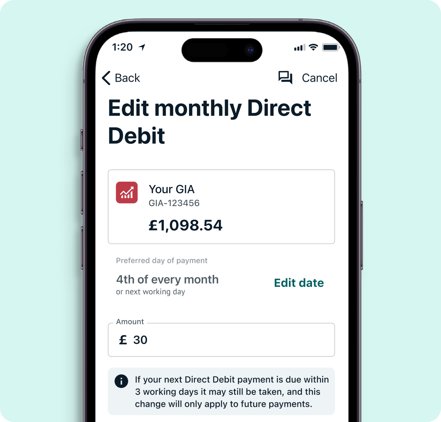 An example screenshot of a Wealthify GIA account showing how to edit a monthly Direct Debit