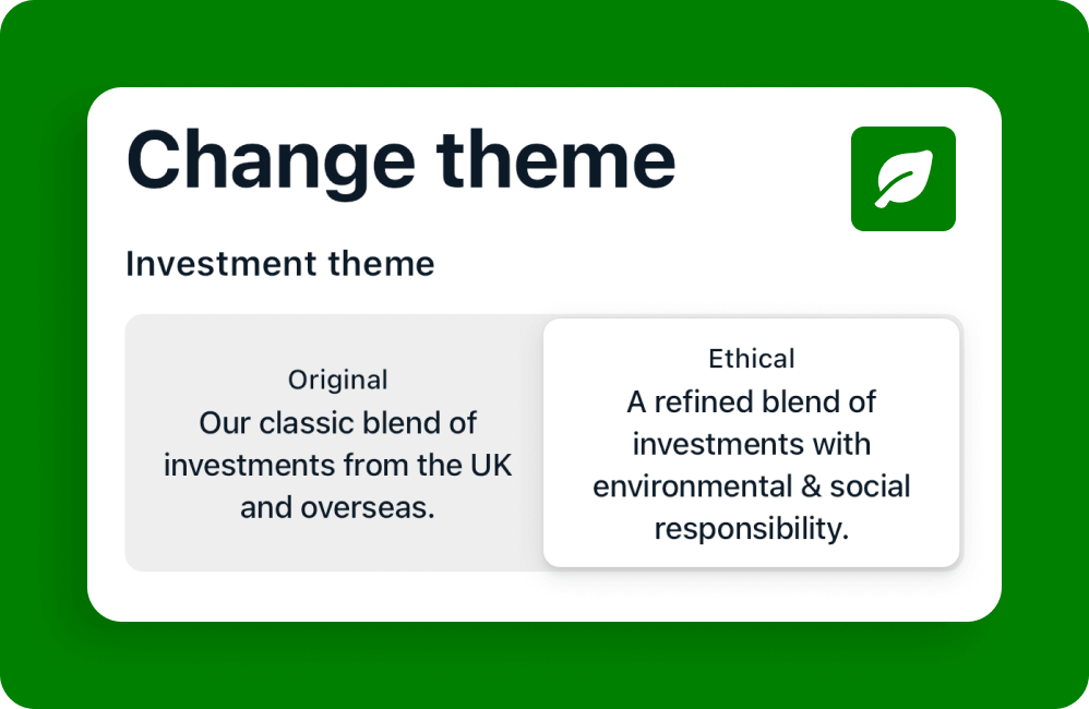 Change Theme. Tabs showing investment themes. Original Our classic blend of investments from the UK and overseas. Ethical A refined blend of investments with environmental & social responsibility.