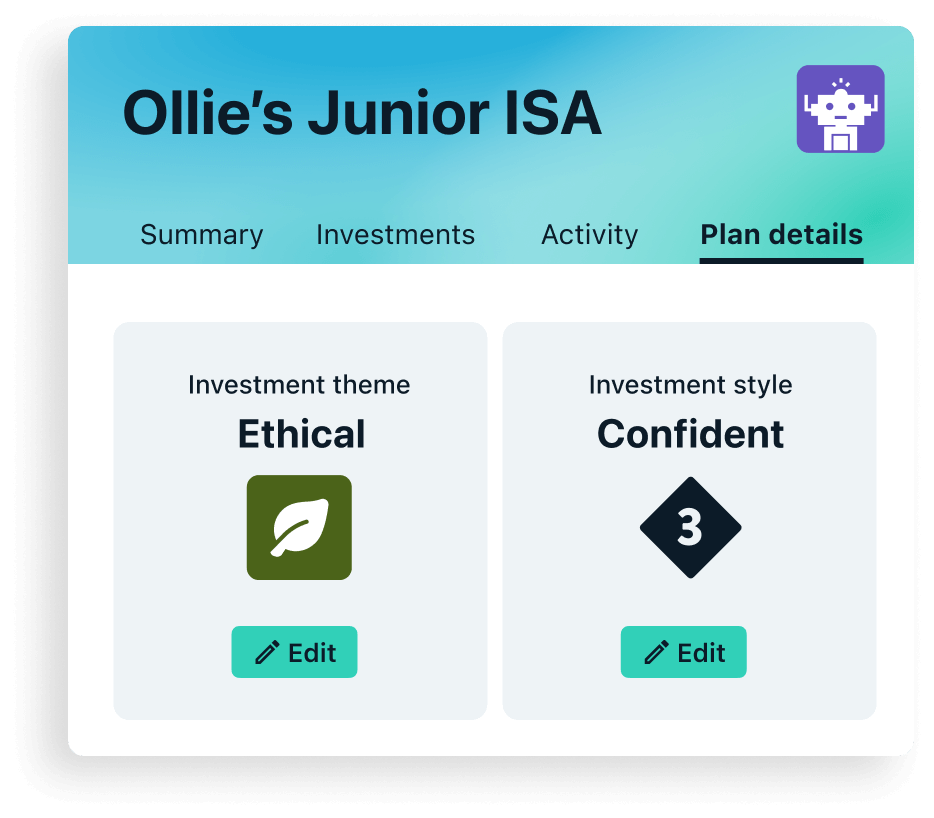 A screenshot of an example Wealthify Junior ISA account with an ethical plan and a confident investing style